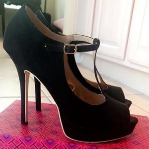 Sexy black t strap peep toe platform heels